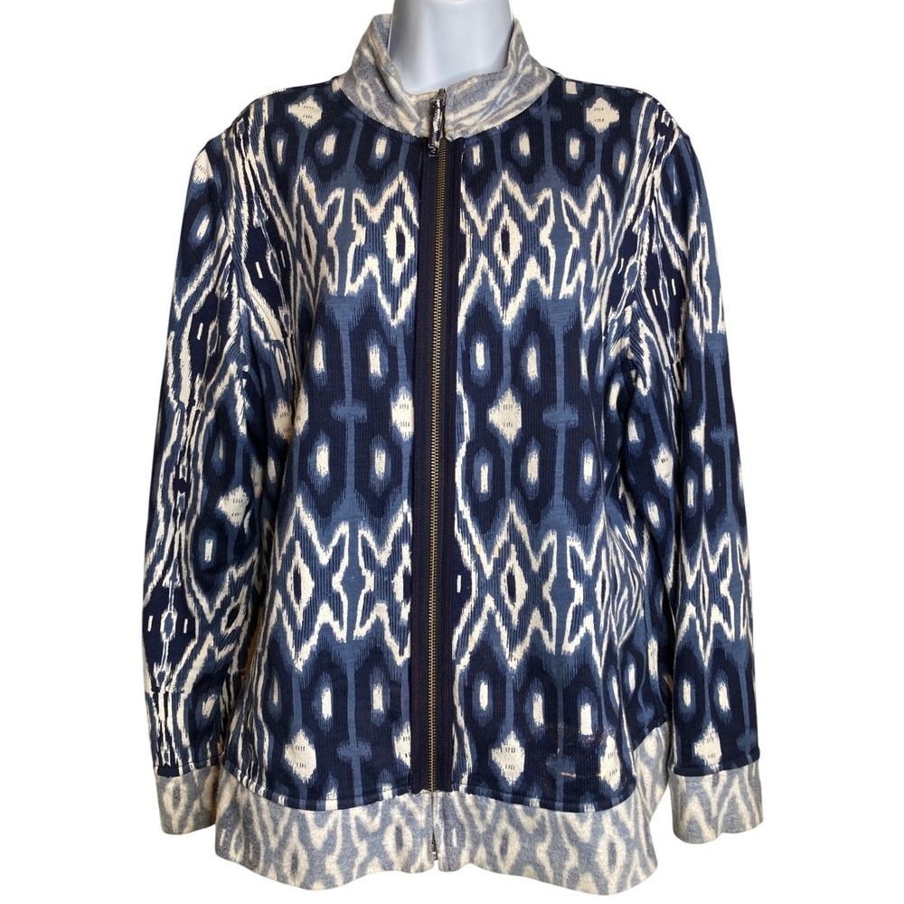 Womens Blue Ikat Full Zip Knit Jacket L Mock Neck Boho Chic Layering Fall